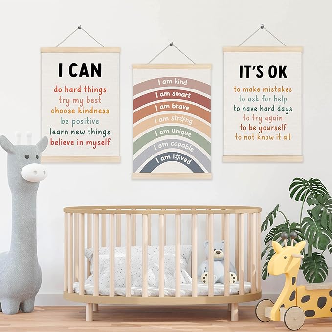 Koesus Inspirational Classroom Rainbow Wall Art Poster Hanger Frame 12x16 Inch Set of 3, Positive Affirmations for Kids, Motivational Canvas Prints Framed Wall Decor for Classroom Kids Room Playroom