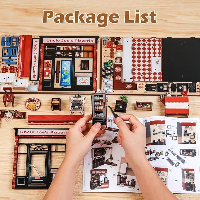 Fsolis Book Nook Kit - 3D Wood Puzzles for Adults, 285 pcs, DIY Bookshelf Scene Miniature Kit, Tiny House Mini Craft Model Gifts for Women (Uncle Joe's Pizzeria)