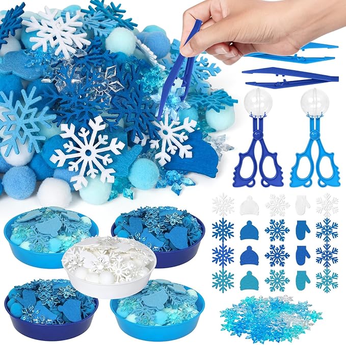 259 Pcs Winter Sensory Bin Items Winter Snowflake Counting Sorting Sensory Bin Filler Fine Motor Felt Acrylic Snowflake Gloves and Hats Counts for Xmas Counting Decor