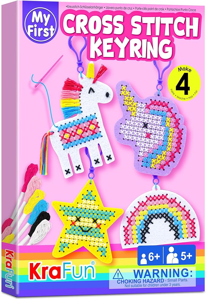 KRAFUN Cross Stitch Kits for Kids Beginners, 4 Unicorn Cross Stitching Keyrings Arts & Crafts, Needlepoint Embroidery Kit for Girls 5-13 Craft Kit Backpack Charms, Ornaments