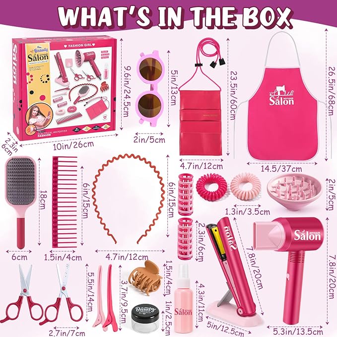 G.C Girls Hair Salon Toys Kids Pretend Play Hair Styling Kit with Realistic Blow Dryer Straightener Stylist Apron Scissors Accessories Beauty Makeup Set Birthday Gifts for Toddler Girls 3 4 5 6+