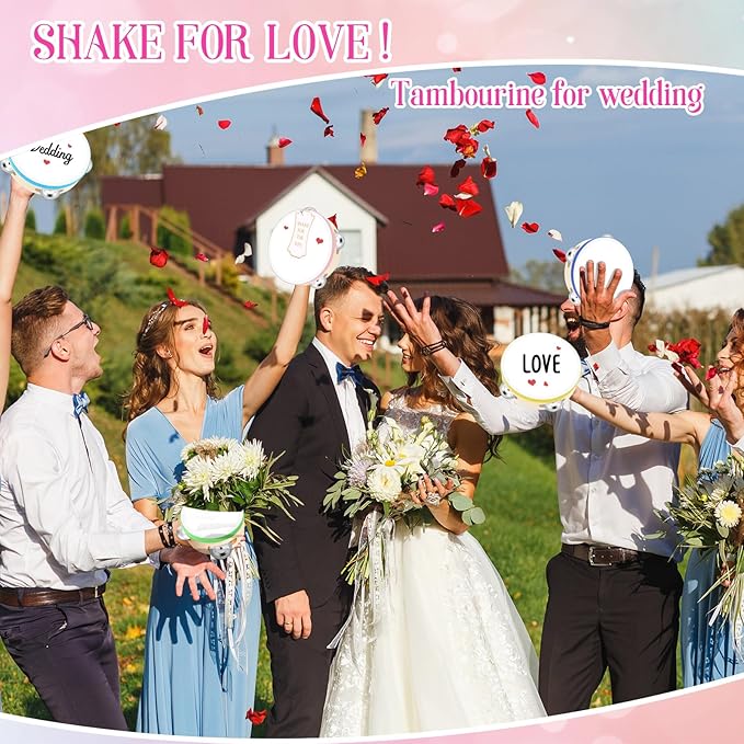 24 Set Tambourine for Adults Wooden Hand Held Drum with Metal Jingles, Gift Tags, White I Love You Printed Ribbon Percussion Gift Musical Instrument for Church Wedding Party (Colorful,6 Inch)