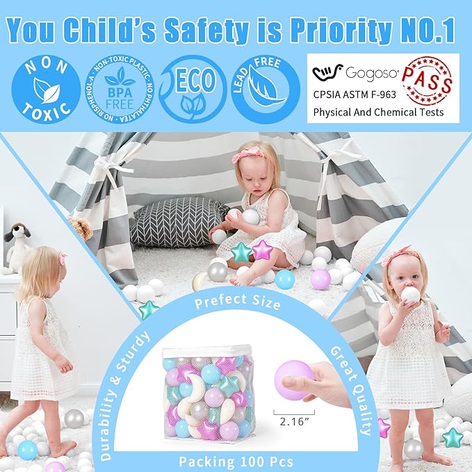GOGOSO Ball Pit Balls Stars Moon Shapes Plastic Pitballs for Toddler Play Tent Baby Photo Props Kids Pool Water Toys Kiddie Pool Party Decor,Pearl Colors Mix,100pcs