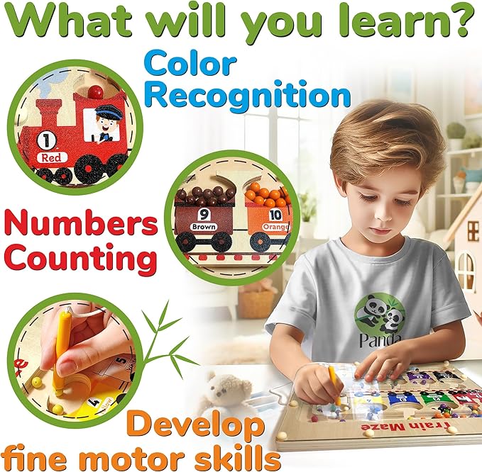 Panda Brothers Magnetic Color and Number Maze with Long Pen Handle, Color Learning Busy Board for Kids, Wooden Montessori, Fine Motor Skills and Educational Toys, Magnetic Maze Toys for Toddlers 1-3