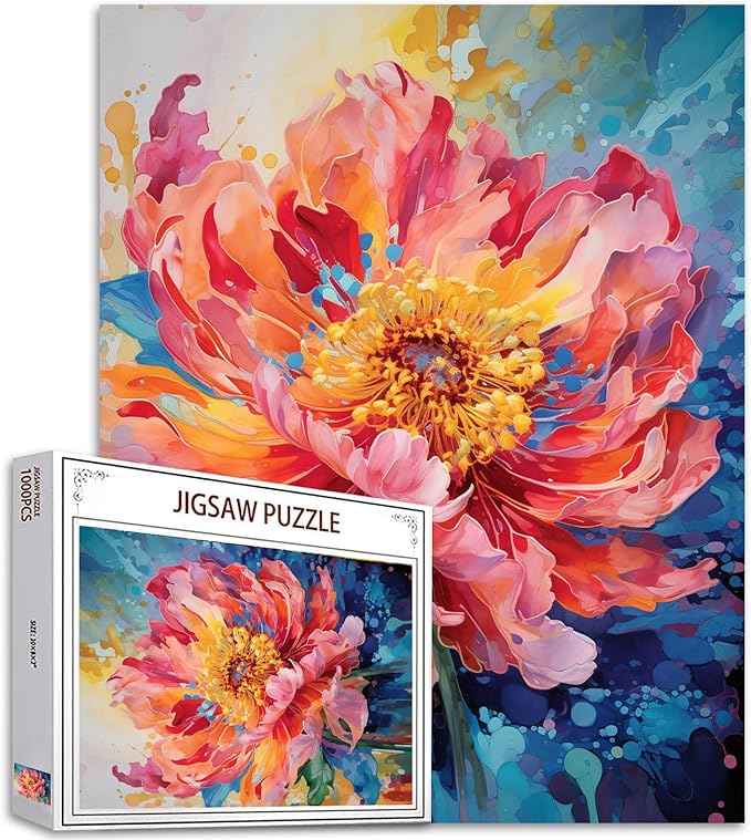 Sacred Peony Jigsaw Puzzles for Adults 1000 Pieces Beautiful Blossom Floral Jigsaw Puzzle 20 x 27 Inch Colorful Watercolor Pink Petal Puzzles for Home Decoration Family Puzzle Perfect for Game Nights