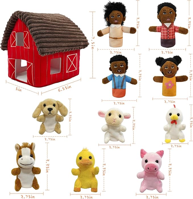 11 Pcs Finger Puppets Set Mini Toys, Soft Plush Animal Finger Puppet for Kids Mini Stuffed Animals with Farm House, Family Finger Puppets for Toddlers Storytelling Role-Playing Christmas School