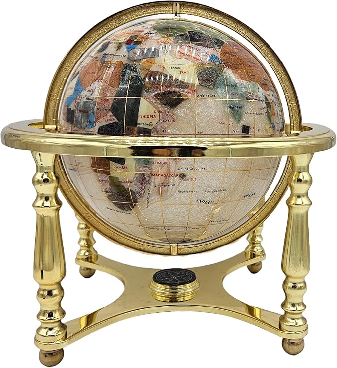 Unique Art 13" Tall 9" Diameter Pearl White Ocean Desktop 4-Leg Gold Stand Gemstone Globe