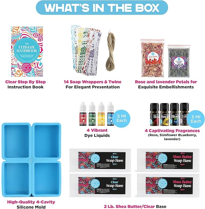 Soap Making Kit - Soap Making Supplies melt and Pour - DIY Set for Adults and Kids, Includes soap Base, Silicone molds, fragrances, Rose and Lavender Petals, by Prime Creations