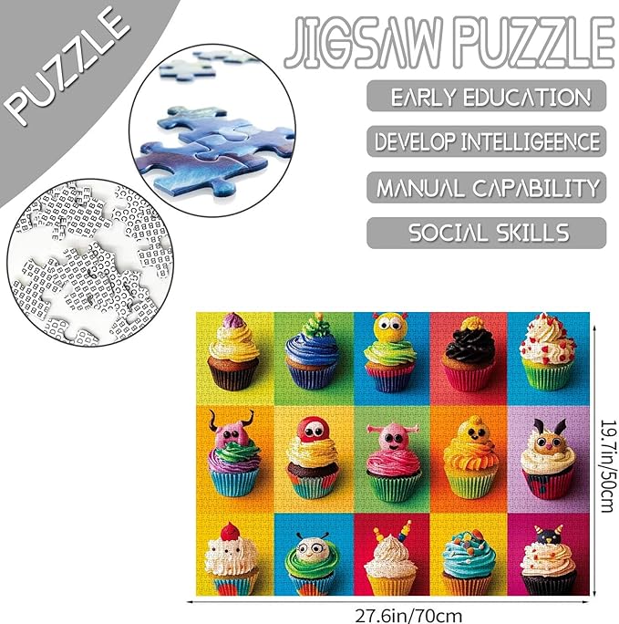 Weird Design Cupcakes Jigsaw Puzzles for Adults 1000 Pieces, Monster Quirky Face Cupcake Puzzle Art 27 x 20 Inches Different Cupcakes DIY Puzzles for Home Decoration, Family Puzzle for Game Nights