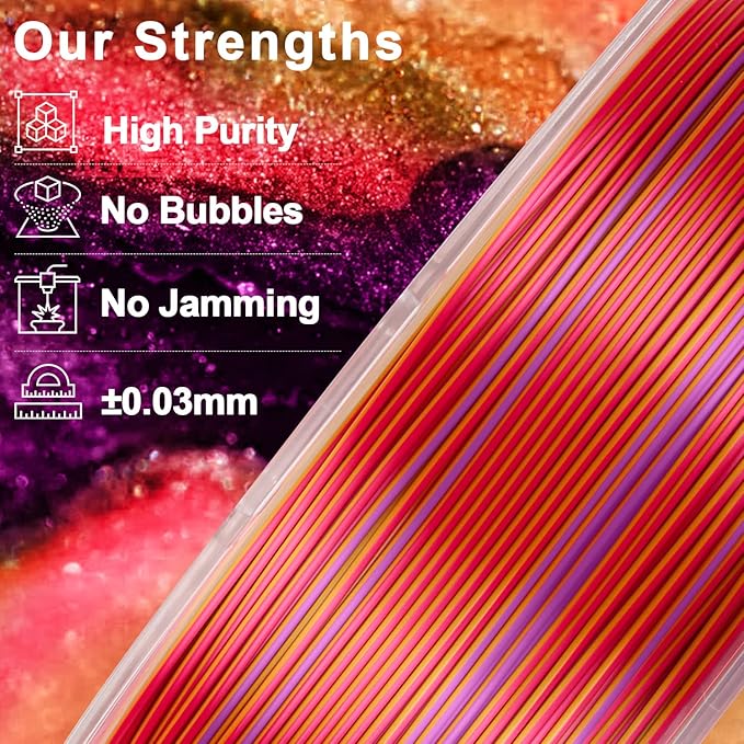 AMOLEN Silk PLA 3D Printer Filament, Triple Colors Coextrusion Purple Red Gold PLA 1.75mm, Shiny Color Change Filament 3D Printing PLA Filament for Most FDM 3D Printer, 1kg Spool(2.2lbs)