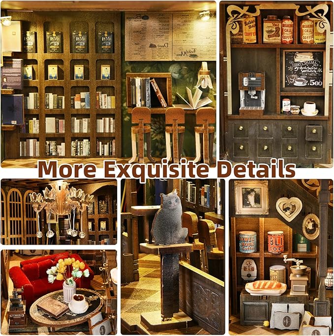 Book Nook Kits for Adults and Teens, DIY Miniature Dollhouse Kit 3D Wooden Puzzle Booknook Bookend with LED Light, Gifts for Family, Friends (Saison Café)