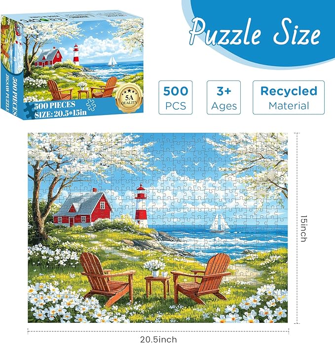 500 Pieces Puzzles for Adults, Relaxing Coastal Lighthouse Jigsaw Puzzles, Premium Seaside Scenic Landscape Wall Art for Home Decor, Challenging Gift for Women & Men 20.5x15 in