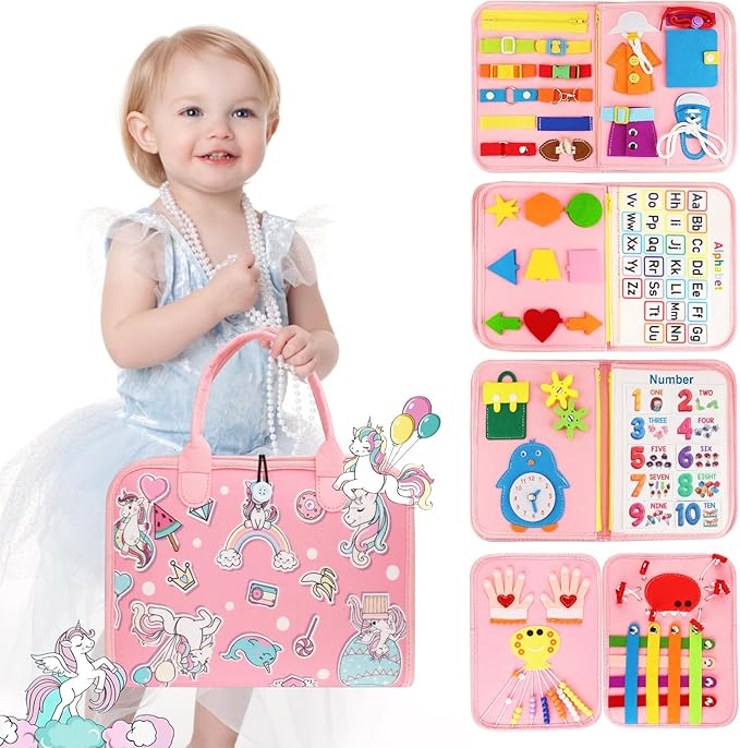 Montessori Busy Board & Busy Book for Toddler – Educational Toys for 3 Year Old Girls, Sensory Activity Board, Fine Motor Skills Learning Gift