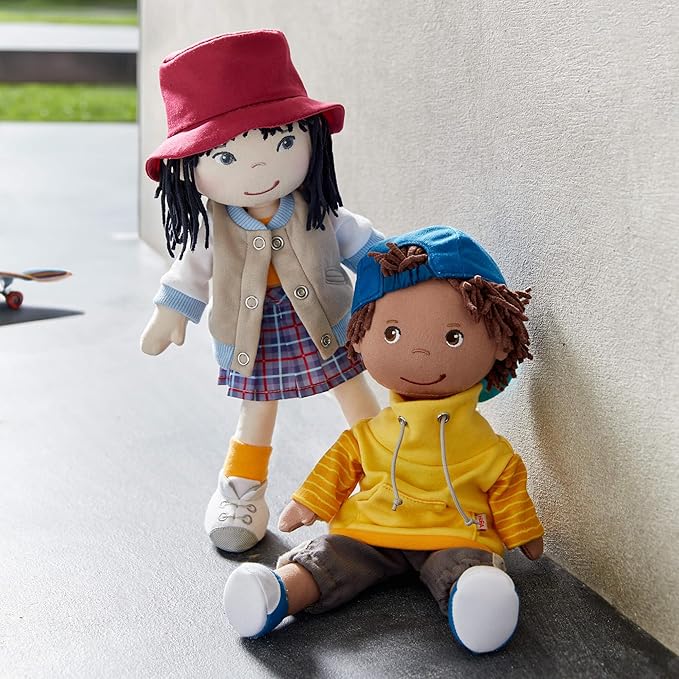 HABA 12" Soft Doll Yuki with Black Hair, Embroidered Face, Stylish Bucket Hat and Clothes - Washable Toddler Baby Doll for 18 Months+
