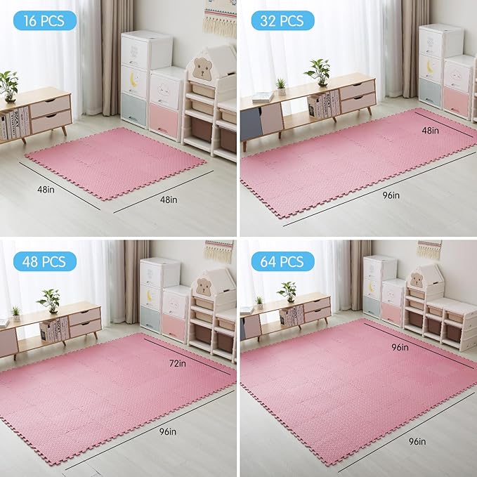 Coolcandy Solid Colored Foam Play Mat, 12"*12" Each Mat丨Non-Toxic Soft Baby Play Mat, 0.4" Thickened Square Interlocking Floor Mats - Toddler Playmat for Playing, Exercise(Pink/16 Tiles)