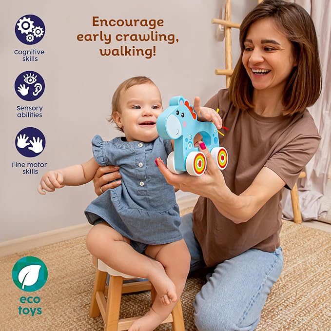 Wooden Pull-Along Horse – Eco-Friendly Toddler Toy with Spinning Wheels & Tactile Tail – Early Learning Toy for 1 Year Old and Up