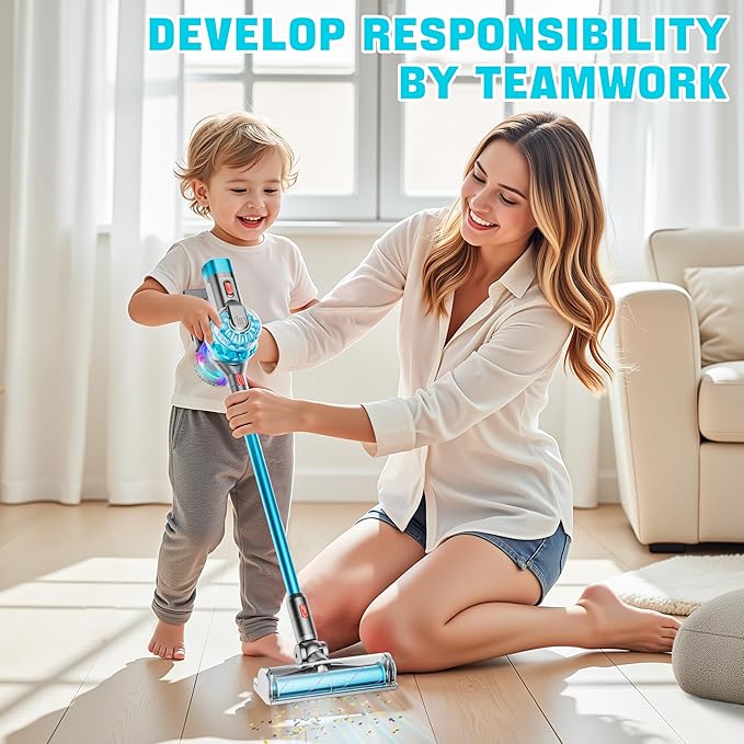 4-in-1 Kids Toy Vacuum That Works with Suction, Electric Toddler Toy Vacuum Cleaner for Children Ages 3 4 5 6+ Boys & Girls,Toddlers Toys Cleaning Set for Pretend Play (Cyan)