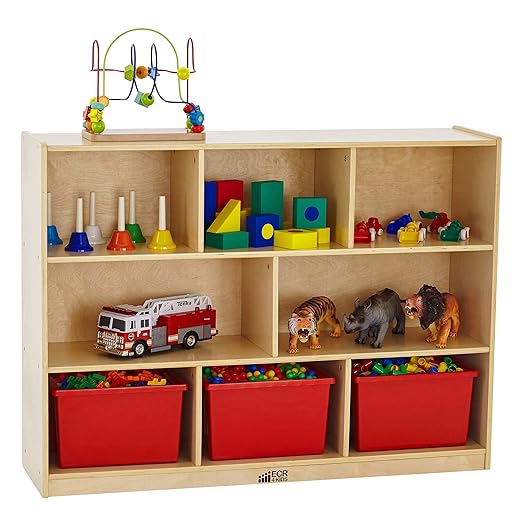 ECR4Kids 8-Compartment Mobile Storage Cabinet, 36in, Classroom Furniture, Natural