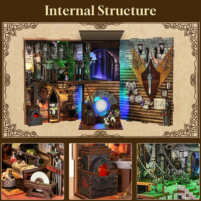 Book Nook Kit, DIY Miniature Dollhouse Booknook Kit, 3D Wooden Puzzle Bookend Bookshelf with LED Light for Adults Teens (Blade and Magic)