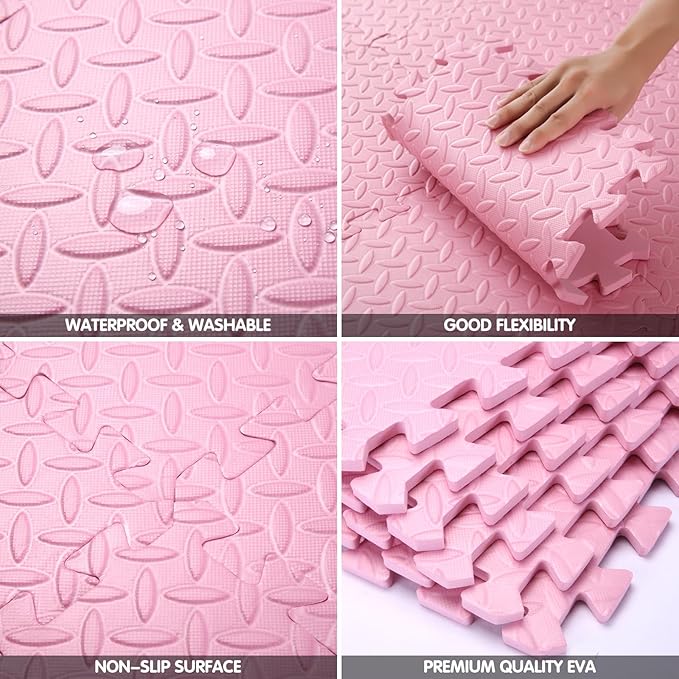 Coolcandy Solid Colored Foam Play Mat, 12"*12" Each Mat丨Non-Toxic Soft Baby Play Mat, 0.4" Thickened Square Interlocking Floor Mats - Toddler Playmat for Playing, Exercise(Pink/16 Tiles)