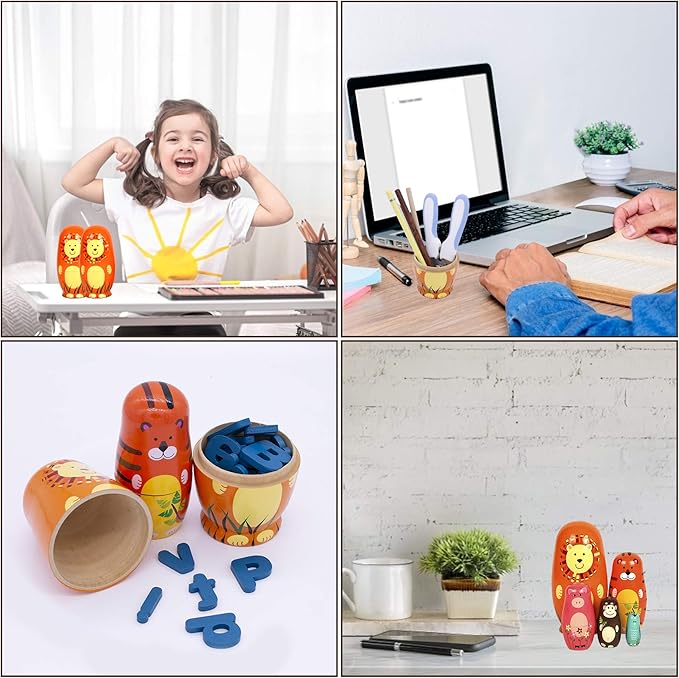 Conzy Russian Nesting Dolls for Kids, Stacking Wooden Handmade Matryoshka Dolls, 5 Piece Cute Cartoon Animal Pattern, Great Toy Gift for Girls Boys' Birthday or Home Decoration (Orange)