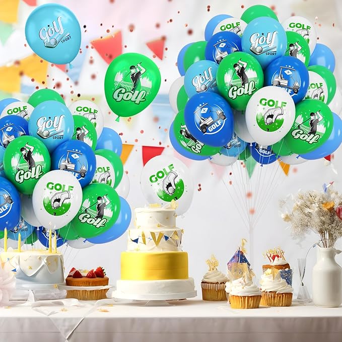 FEYG 12in Golf Balloons - Blue, Green, White - Hole In One Birthday Decorations