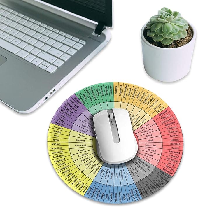 Wheel of Emotions, Feelings Chart Therapy, Round Mouse Pad, Non-Slip Rubber Base,Stitched Edges, Mental Health Computer Gaming Mousepad for School Classroom Counseling Office Home 7.9x7.9 Inches