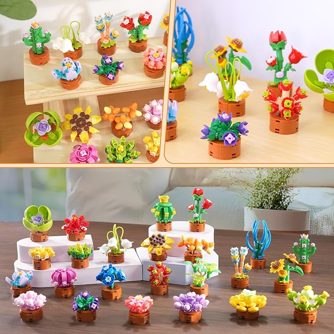 24 Pack Flowers Succulents Party Favors for Kids Building Set - 1012 PCS Botanical Bonsai 3.6MM Mini Building Blocks Toy for Classroom Prizes Easter Basket Stuffers Birthday Gift for Girl Boy Ages 6+
