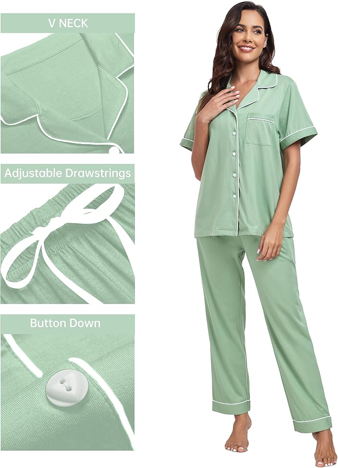 CF Womens 100% Cotton Pajamas Set Button Down Pjs Sets Short Sleeve Top & Long Pants Sleepwear Comfy Loungewear with Pockets
