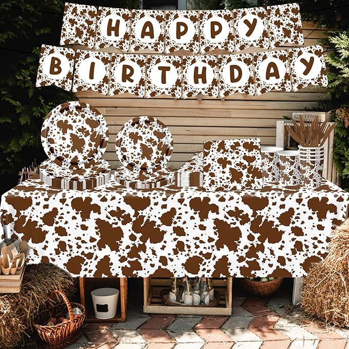 Highland Cow Decorations, 142Pcs Cow Print Plates and Napkins Party Supplies, Brown Cow Birthday Party Decorations Tableware Cups Tablecloth for Cow Baby Shower Farm Cowboy Theme Party
