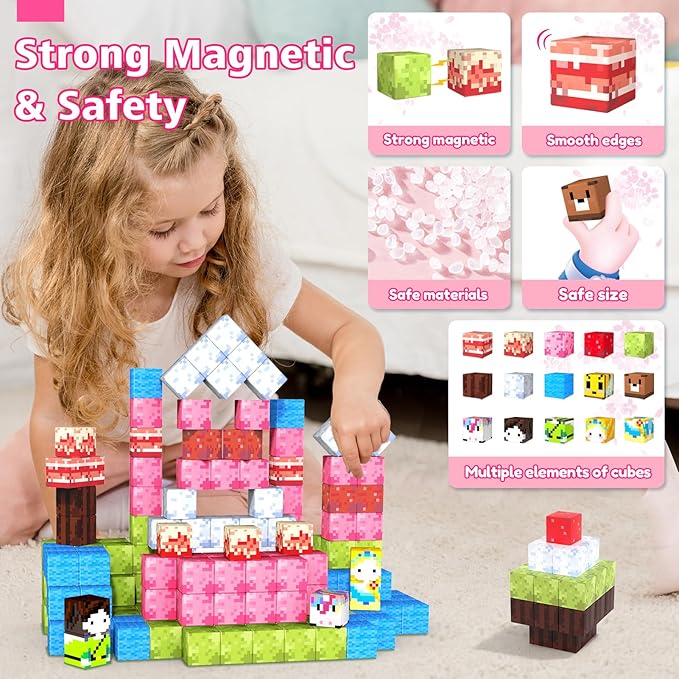 Magnetic Blocks for Kids Ages 3-5,54pcs Candy Magnetic Building Blocks Pink Magnet Cubes Sensory Creative Learning Toys Gifts for Toddlers Ages 4-8 5 6 7+Year Old Girls Birthday Christmas
