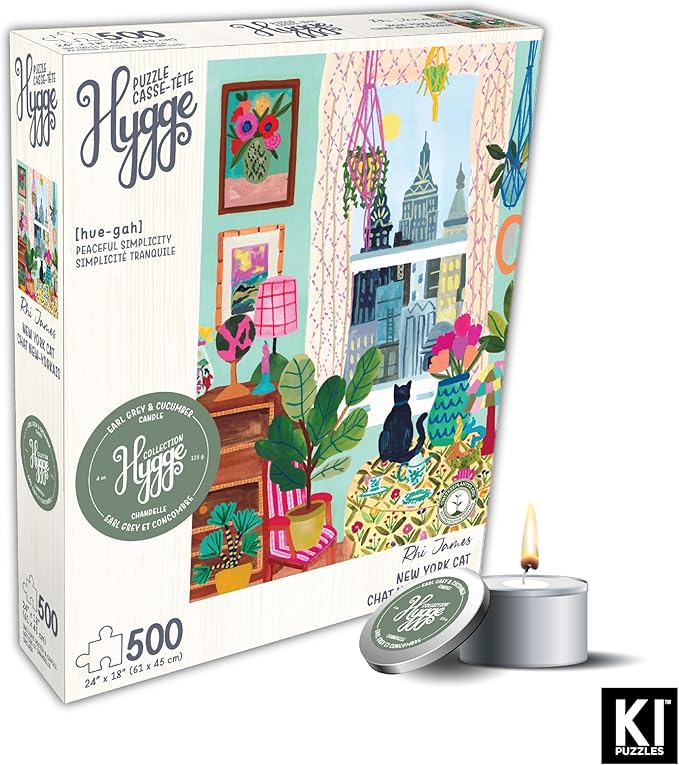 500 Piece Puzzle for Adults Hygge Collection Cat in Window Rhi James Blueboard Jigsaw and Candle by KI Puzzles