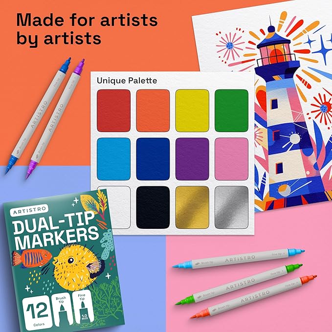 ARTISTRO 12 Dual Tip Brush + Fine Acrylic Paint Pens Ideal for Calligraphy - Paint Markers for Fabric, Rock, Glass, DIY - Stocking Stuffers, Christmas Gift Idea for Teens, Grandkids, Kids