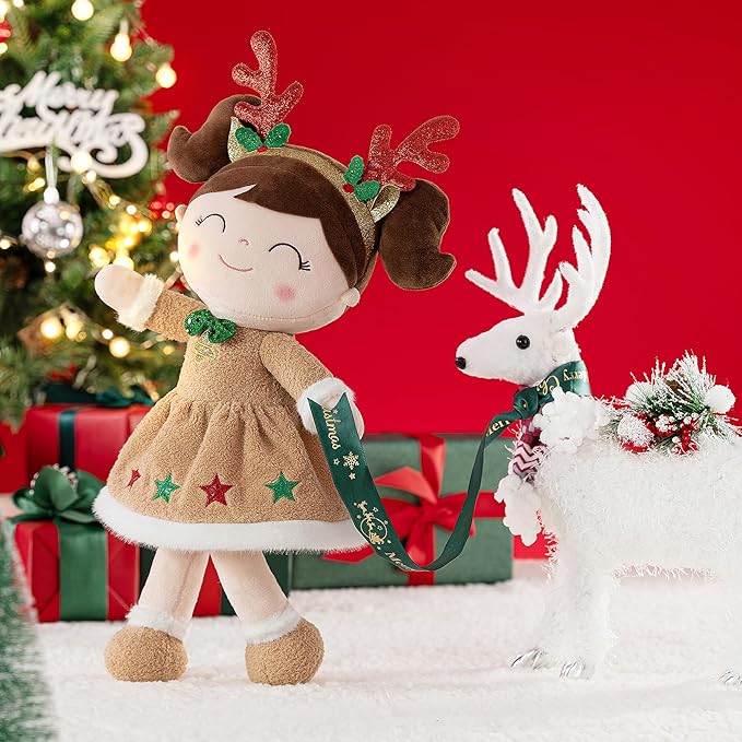 Gloveleya Christmas Reindeer Girl Plush Doll – 16" Soft Stuffed Animal Holiday Toy with Antlers, Gift Box & Card, Xmas Present for Toddler Girls, Baby Shower & Birthday Gift