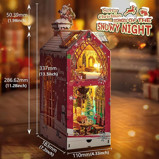 Book Nook Kit, DIY Miniature House Kit Book Nook, 3D Wooden Puzzle Bookshelf Insert Bookends DIY Model Building Kits for Adults Teens Creative (Songs of The Snowy Night)