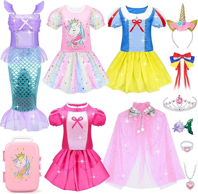 15 Pcs Princess Dress Up Clothes for Little Girl Set, Princess Pretent Play Outfit Toys for Toddler Girls, Cosplay Birthday Party Gifts for Girls Age 3 4 5 6 7 8+ Year Old