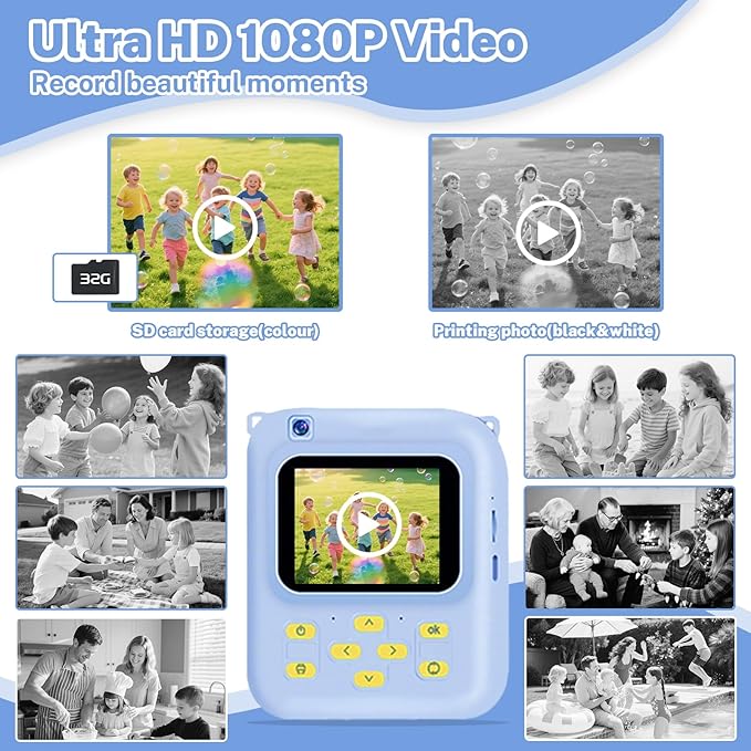 Instant Print Camera for Kids, 1080P Video Camera with 3 Print Rolls, 32GB Card & Cute Cover, Gift for Girls Boys Age 3-12, Toddler Digital Camera with Games, Filters, Music – Blue