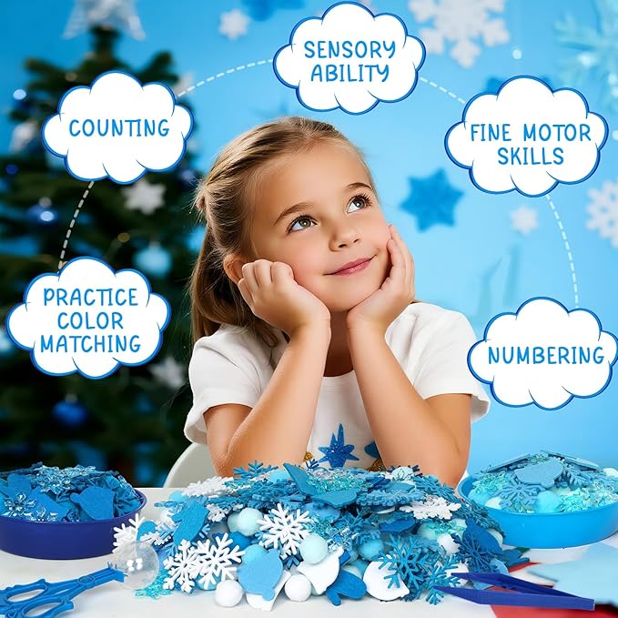 259 Pcs Winter Sensory Bin Items Winter Snowflake Counting Sorting Sensory Bin Filler Fine Motor Felt Acrylic Snowflake Gloves and Hats Counts for Xmas Counting Decor