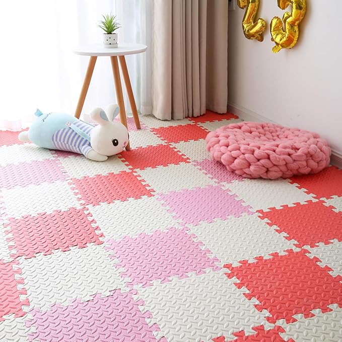Foam Play Mat for Baby, 0.4 Inch Thick Foam Interlocking Floor Mats, Soft Non-Toxic Baby Playmat, Solid Colored Puzzle Play Mat Kids Floor Mats, 16 Tiles, White/Pink/Red