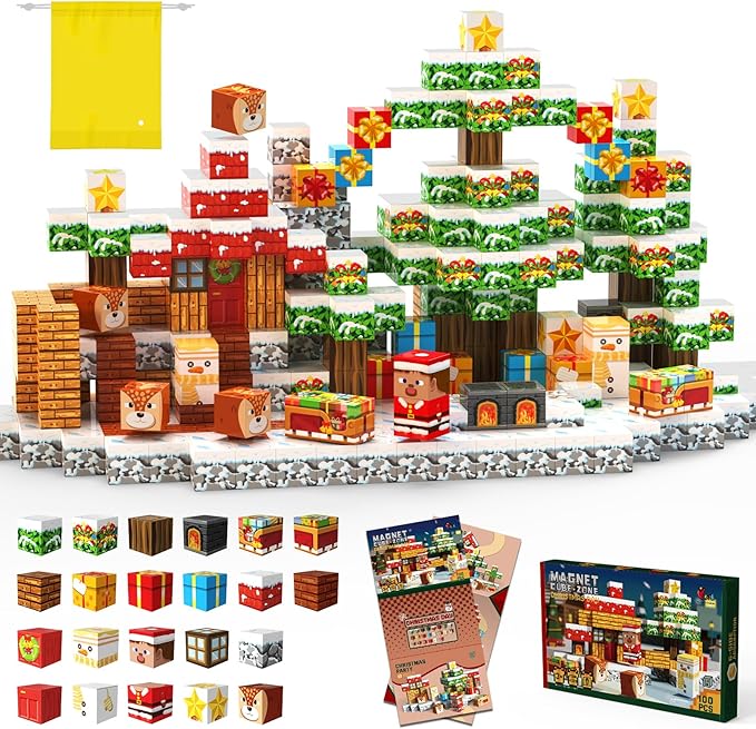 Christmas Magnetic Blocks 100 Pieces for Kids, Magnetic Tiles 3D Sensory Construction Building Santa Claus Reindeer, Magnet Cubes Stacking Toys Games for Toddlers Boys Girls Ages 3+