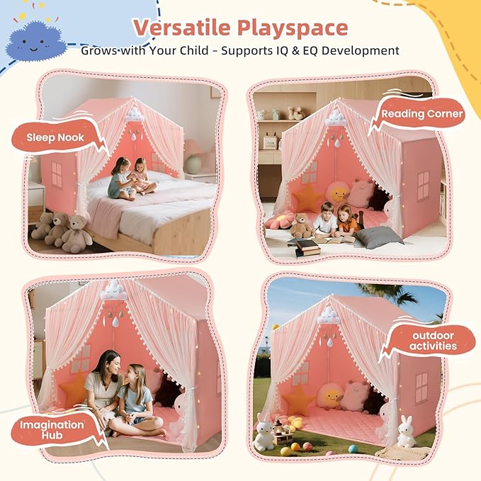 Large Kids Play Tent, 55.1in Length, Fits 3-4 Children,Indoor Playhouse for Kids, with Padded Mat and Lights, Bed Tent for Toddler, Birthday for Boys Girls