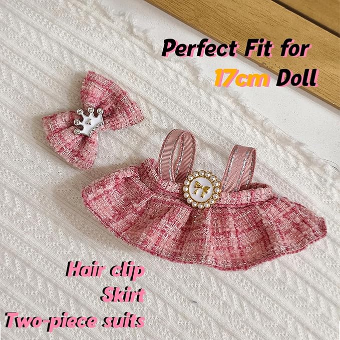 Clothes for 17cm Doll, 2 PCS Pink Cute Chic Style Hair Clip & Dress Set, Dress up Outfit Exquisite Accessories for Dolls