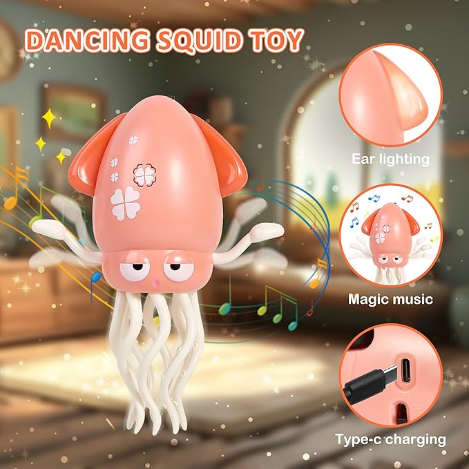 Dancing Octopus Toy with LED Lights and Music, Fishing Rod, Automatic Avoidance, Crawling, Tummy Time Toy, Suitable for Children 3 Years and Older, Birthday Gift (Pink)