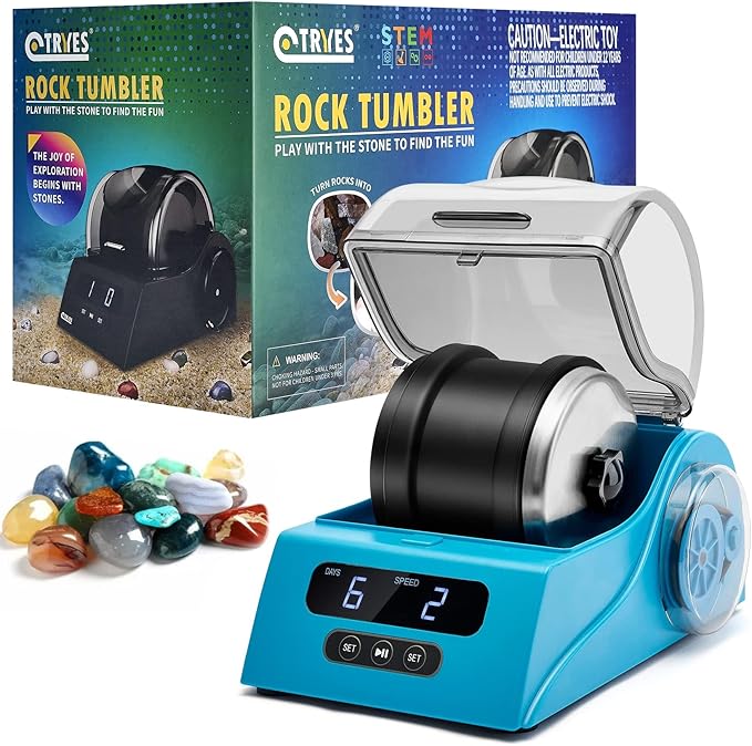Rock Tumbler Kit Adults - Rock Polisher Tumbler with Noise Reduction Cover, Speed&Timer Control, Includes 4 Polishing Grits, Rough Gemstones, Learning Guide etc.(Blue)