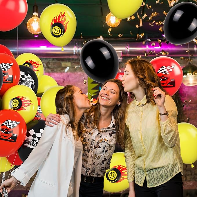 Race Car Balloons, 12 Inch Red Yellow Black Race Car Party Supplies Checkered Flags Racing Party Printed Latex Balloons for Race Fans Birthday Party Fast Birthday Party Decorations Supplies