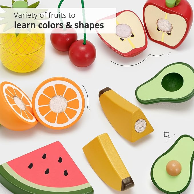 PairPear Wooden Toys Play Food Sets for Kids Kitchen, Kids Toy Food Cutting Fruit Set for Toddlers 3+ Years Old, Pretend Food Play Kitchen Accessories for Girls and Boys