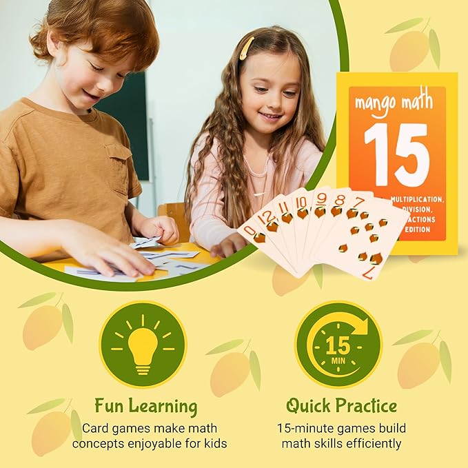 MANGO Math 15 Pack - Math Flash Cards - Educational Math Games for Kids - Multiplication, Division, Fractions Games & Learning Kit -2nd 3rd 4th Grades - Kids 6-12 - Set of 15 Games - English Version