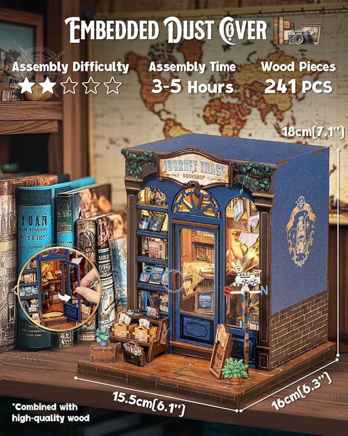 Cutefun Book Nook Kit - DIY Miniature Dollhouse Booknook Kit for Adults and Teens, Tiny House Bookshelf Insert Decor with LED Light, Gifts for Family and Friends (Journey Trace Bookshop)