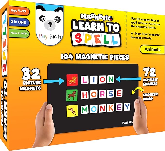 Magnetic Preschool learning Toys for Toddlers Aged 3 4 5 6 Years Old Learn to Spell Animals|104 Magnet Pieces-32 Picture & 72 Letters with Magnet Board & Spelling Game Guide|Educational Toy for Kids