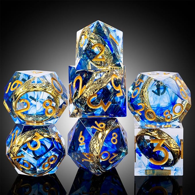 Magic Golden Ring DND Set DNDND Swirl Sharp Edge D&D Dice Set with Gift Case for Dungeins and Dragons Role Playing Game (Blue)